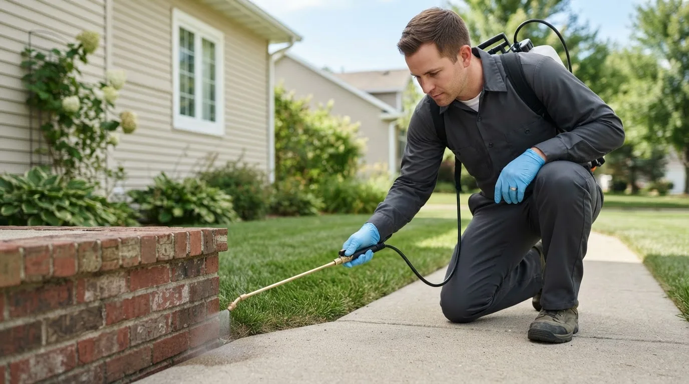 Pest control technician treating a home near Alden, NY